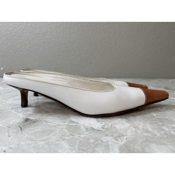 Loro Piana Vintage Quiet Luxury Kitten Heels 37 White Tan Leather Made In Italy - Picture 3 of 11